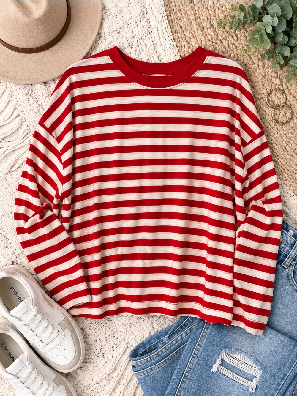 Sonoma Red & Cream Striped Long Sleeve Crewneck